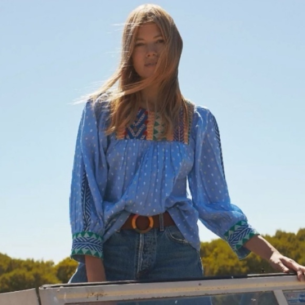 Anthropologie Blue Embroidered Blouse